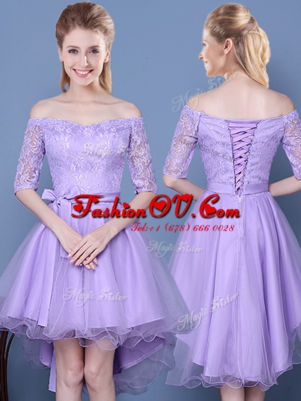 Luxurious Lavender Lace Up Off The Shoulder Lace and Bowknot and Belt Dama Dress Tulle Half Sleeves