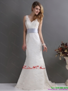 2015 Classical V Neck Lace and Sash Wedding Dress
