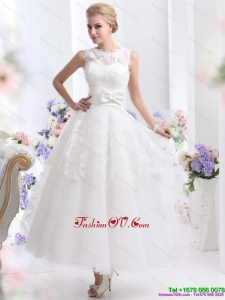 2015 Cute Scoop Ankle Length Wedding Dresses with Lace and Bowknot