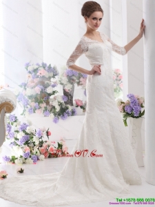 White V Neck Lace Wedding Dresses with Brush Train and Half Sleeves