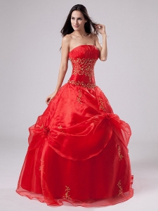 Red Organza Quinceanera Dress Gold Details Custom Made