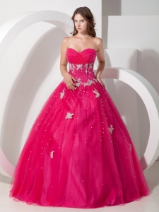 Beads Lined Sweetheart Ball Gown Dresses of 15 Hot pink