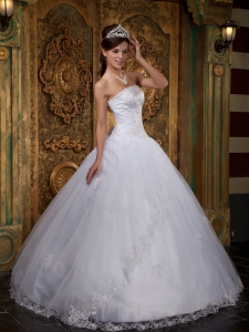 White Ball Gown Strapless Floor-length Satin and Tulle Lace