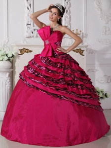 Hot Pink Zebra Beading Quinceanera Dress with Bow and Ruffles