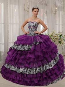 Zebra Organza Beaded Quinceanera Gown Purple Sweetheart
