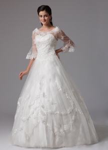 Sleeves Lace V-neck Ball Gown Wedding Dress