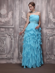 Aqua Blue Empire Strapless Chiffon Beaded and Ruffles Prom Dress