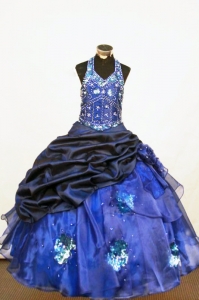 Beading Ball Halter Organza Blue Little Girl Dresses
