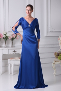 V-neck 3/4 Sleeves Blue Long Mother Of The Bride Dress