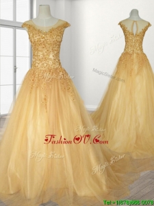 See Through Scoop A Line Beading Quinceanera Gown with Brush Train