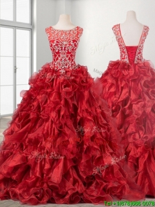 See Through Beaded Scoop Wine Red Quinceanera Dress with Brush Train