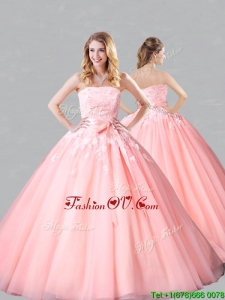 Classical Court Train Belted and Applique Sweet 16 Dress in Baby Pink