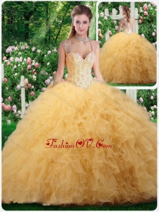 Best Straps Beading and Ruffles Sweet 16 Dresses in Champange