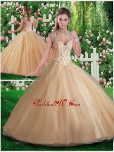 Simple A Line Champange Quinceanera Gowns with Beading and Appliques