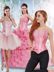 Rolling Flowers Beaded Bodice Detachable Sweet 16 Dresses in Rose Pink