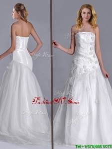 2016 Popular Column Brush Train Bridal Dress with Beading and Hand Crafted