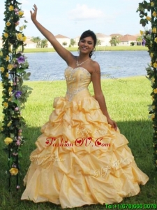 Low Price Yellow Big Puffy Quinceanera Dress with Appliques and Pick Ups