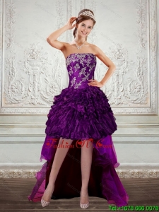 Dark Purple Strapless Prom Dresses with Embroidery and Ruffles