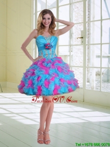 2015 Ball Gown Strapless Prom Dresses with Hand Made Flower and Ruffles