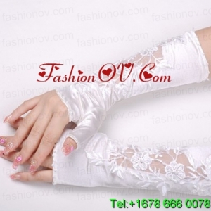 Elegant Satin Fingerless Elbow Length Bridal Gloves With Lace Appliques