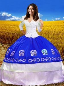 Latest Royal Blue Ball Gowns Embroidery 15 Quinceanera Dress Lace Up Taffeta 3 4 Length Sleeve Floor Length