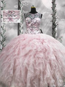 Fancy Sleeveless Tulle Floor Length Zipper 15 Quinceanera Dress in Pink with Beading and Ruffles