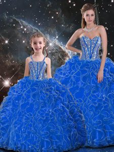 Designer Blue Organza Lace Up Quinceanera Gowns Sleeveless Floor Length Beading and Ruffles