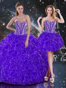 Dazzling Sleeveless Organza Floor Length Lace Up 15 Quinceanera Dress in Purple with Beading and Ruffles