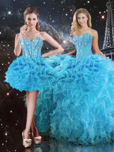 Sleeveless Lace Up Floor Length Beading and Ruffles Quinceanera Dress