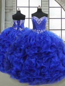 Gorgeous Royal Blue Lace Up Ball Gown Prom Dress Beading and Ruffles Sleeveless Floor Length