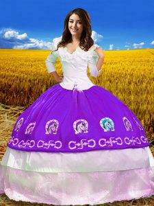 Ideal Off The Shoulder 3 4 Length Sleeve Vestidos de Quinceanera Floor Length Embroidery Purple Taffeta