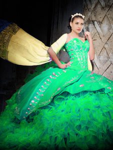 Graceful Sleeveless Organza With Brush Train Lace Up Vestidos de Quinceanera in Green with Embroidery and Ruffles