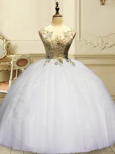 Extravagant White Ball Gowns Organza Scoop Sleeveless Appliques and Ruffles Floor Length Lace Up Quinceanera Gowns
