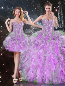 Dazzling Lilac Organza Lace Up Sweet 16 Dress Sleeveless Floor Length Beading and Ruffles