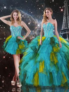 Graceful Multi-color Three Pieces Sweetheart Sleeveless Tulle Floor Length Lace Up Beading and Ruffles Vestidos de Quinceanera