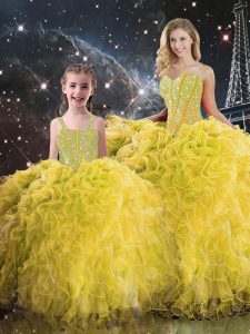 Dramatic Floor Length Yellow Quinceanera Dress Sweetheart Sleeveless Lace Up