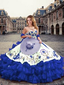 Exceptional Royal Blue Ball Gowns Organza Sweetheart Sleeveless Embroidery and Ruffled Layers Floor Length Lace Up Quinceanera Dress
