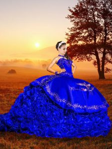 Royal Blue Lace Up Sweetheart Embroidery and Ruffles Quinceanera Gown Organza Sleeveless Brush Train