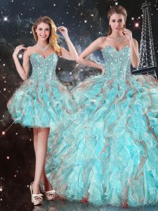 Romantic Aqua Blue Lace Up Sweetheart Beading and Ruffles Quinceanera Dress Organza Sleeveless