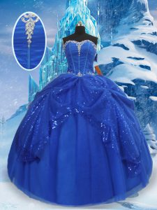 Flare Floor Length Royal Blue Quinceanera Dresses Tulle Sleeveless Beading and Pick Ups