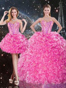 Rose Pink Sleeveless Beading and Ruffles Floor Length 15 Quinceanera Dress