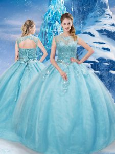 Hot Sale Beading Quinceanera Dresses Aqua Blue Lace Up Sleeveless Brush Train