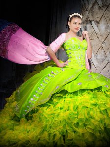 Graceful Yellow Green Sleeveless Embroidery and Ruffles Lace Up Sweet 16 Dresses