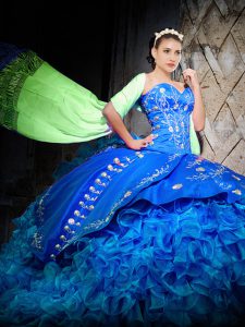 Royal Blue Off The Shoulder Neckline Embroidery and Ruffles Quince Ball Gowns Sleeveless Lace Up