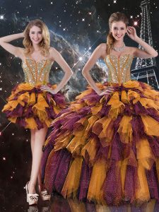 Ideal Floor Length Lace Up 15th Birthday Dress Multi-color for Military Ball and Sweet 16 and Quinceanera with Beading and Ruffles and Ruffled Layers