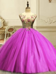 Traditional Fuchsia Tulle Lace Up Sweet 16 Dresses Sleeveless Floor Length Appliques and Sequins