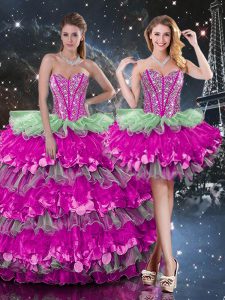 Inexpensive Sweetheart Sleeveless Vestidos de Quinceanera Floor Length Beading and Ruffles and Ruffled Layers Multi-color Organza
