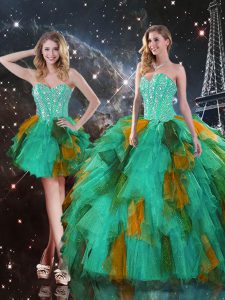Latest Multi-color Three Pieces Tulle Sweetheart Sleeveless Ruffles Floor Length Lace Up Quinceanera Gowns