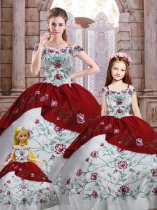 Free and Easy White And Red Lace Up Off The Shoulder Embroidery Quince Ball Gowns Taffeta Sleeveless