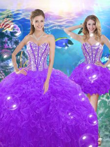Extravagant Purple Ball Gowns Beading and Ruffles 15th Birthday Dress Lace Up Organza Sleeveless Floor Length